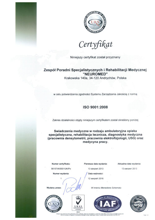 Miniaturka certyfikatu ISO 9001 dla NZOZ Neuromed